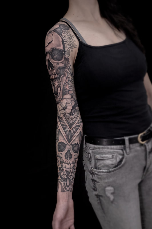 Skull and Floral Geometric Mandala Tattoo by Adam LoRusso artist black and grey 