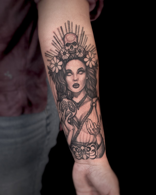 Tattoo by Adam LoRusso artist black and grey boston persephone mythology tattoo