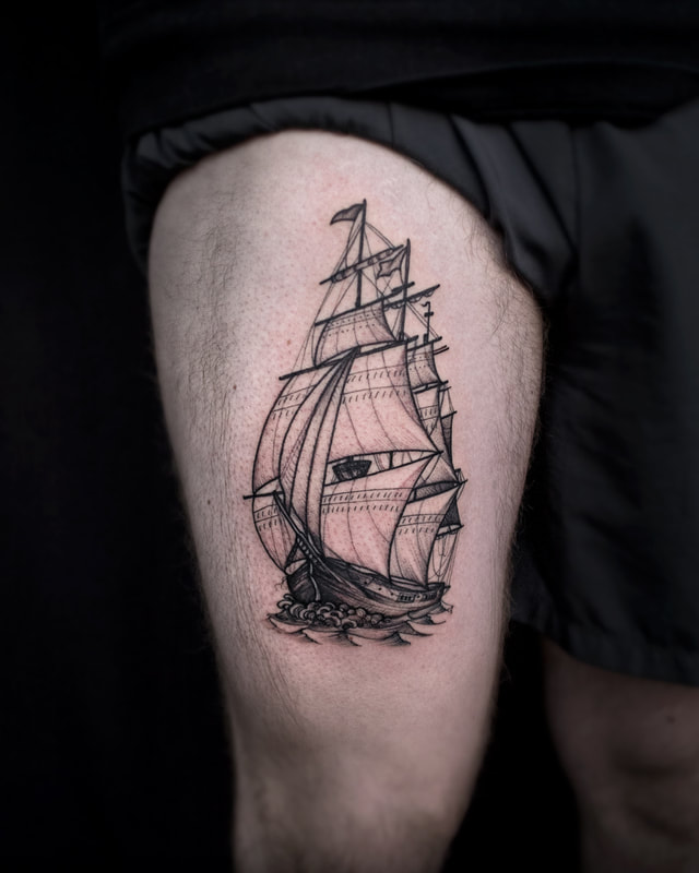 Tattoo by Adam LoRusso artist black and grey boston ship tattoo
