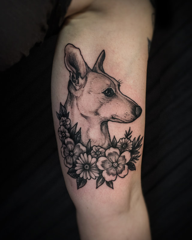 Tattoo by Adam LoRusso artist black and grey boston dog portrait tattoo