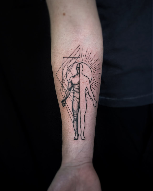 Tattoo by Adam LoRusso artist black and grey boston sacred geometry