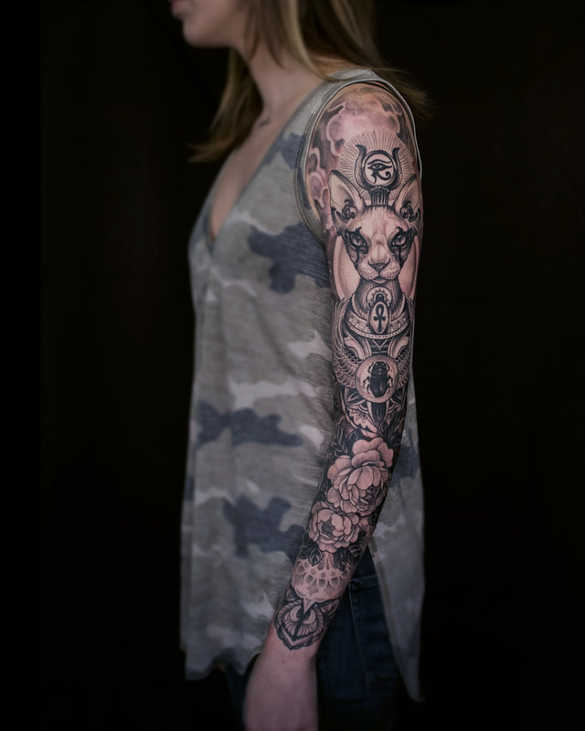 Tattoo by Adam LoRusso artist black and grey boston woman sleeve
