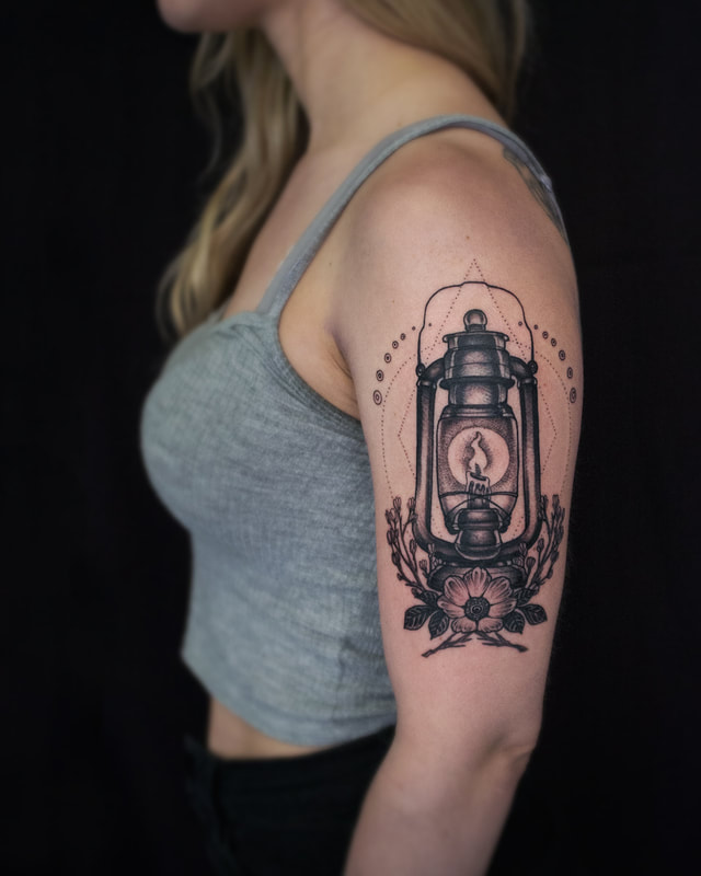 Tattoo by Adam LoRusso artist black and grey boston lantern tattoo